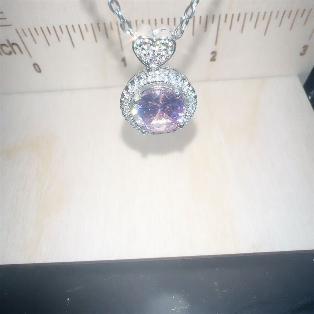 Pink Zircon Heart Pendant Necklace Silver Plated 18” - Picture 3 of 4